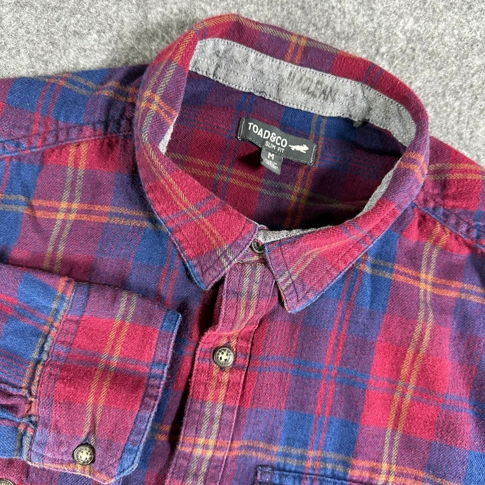 Toad & Co Mens Medium Flannel‎ Plaid Button Up Shirt Red Blue Slim Fit